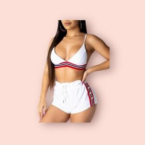 Womens white bikini shorts with top red white & blue striped MEDIUM!​​​​​​